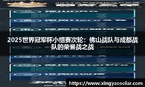 2025世界冠军杯小组赛次轮：佛山战队与成都战队的荣誉战之战